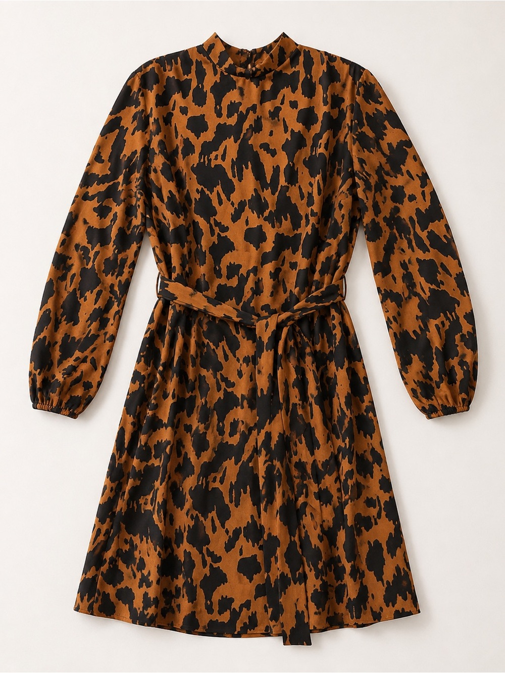 Rust Brown & Black Animal Print Long Sleeve Tie Waist Belted Plus Size Dress 2X